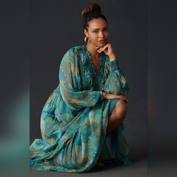 Anthropologie Odetta Ruffle V-Neck Midi Dress In Turquoise Size Extra Small NWT - Picture 4 of 8